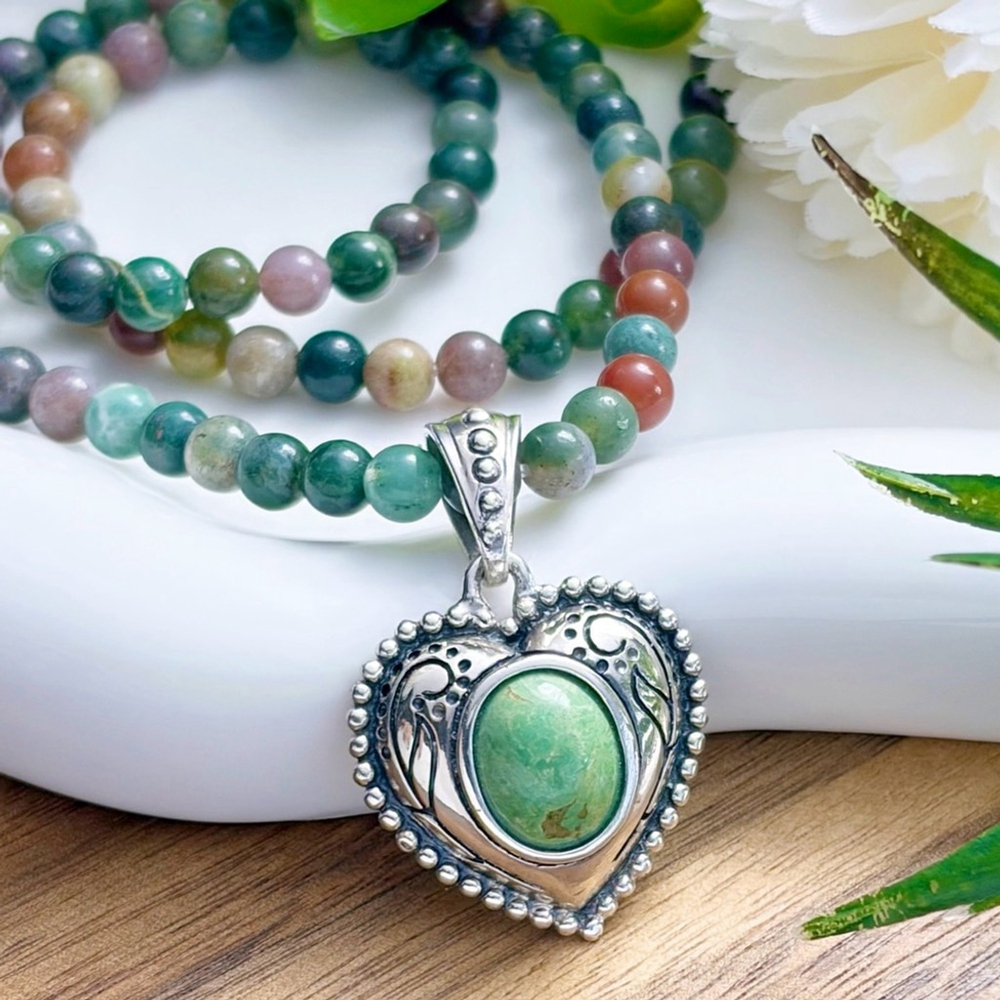 Vintage Green Turquoise Heart Pendant Sterling Silver 925 Agate Chain Southwest
